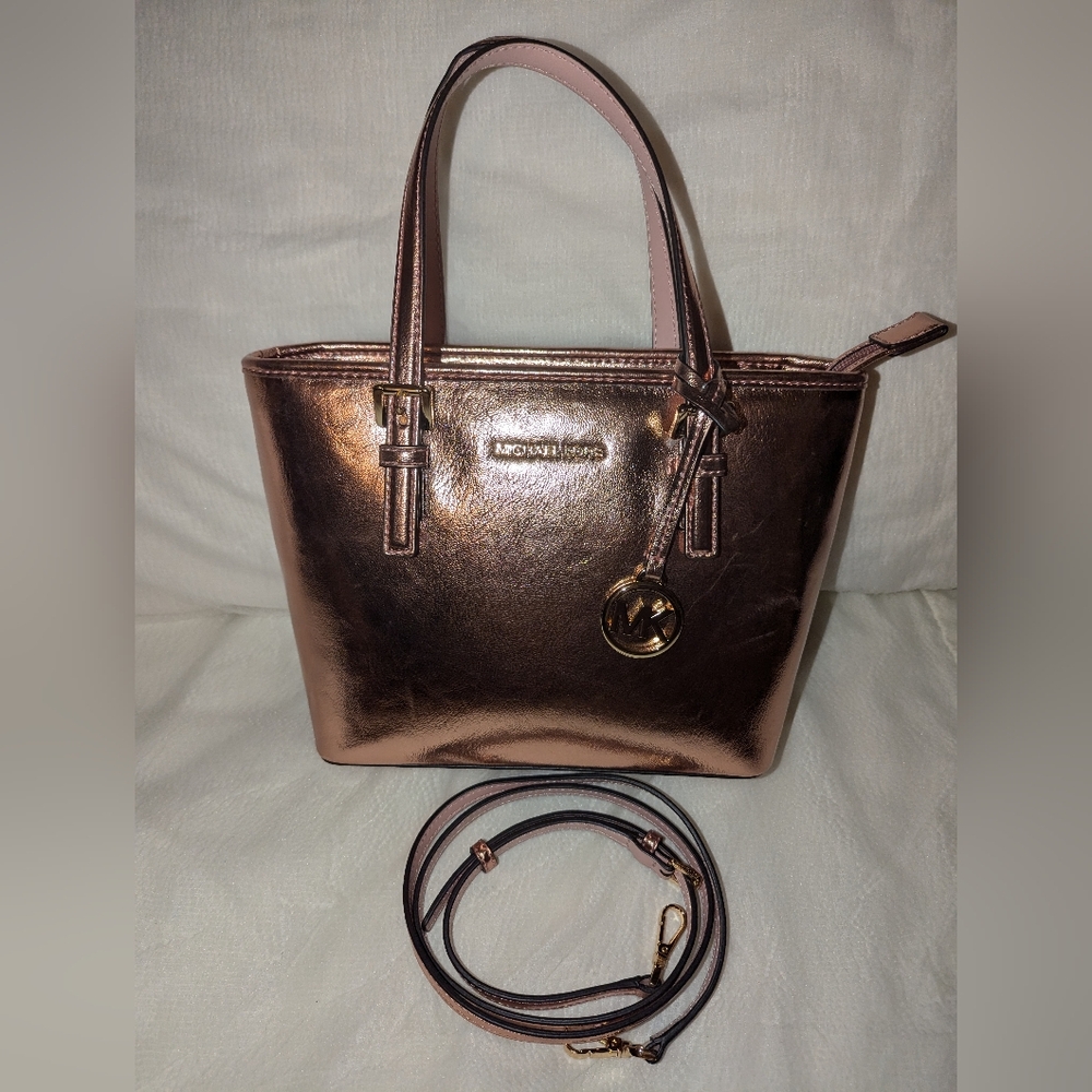 Michael Kors Jet Set Primrose Metallic XS Carryall Top Zip Tote Bag Purse NWT